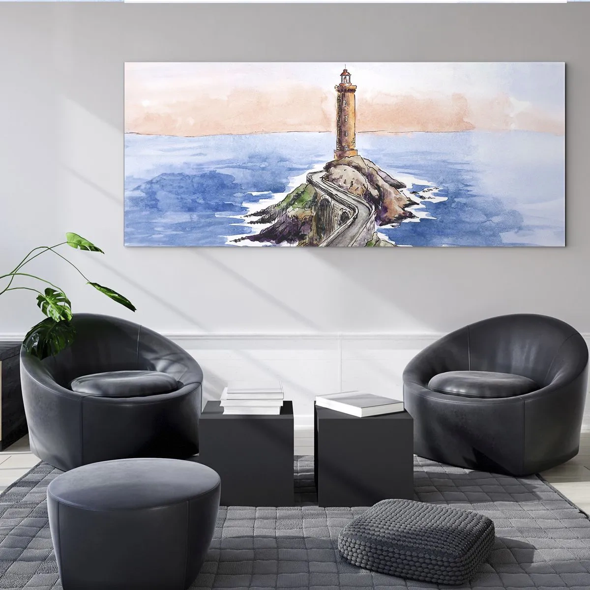 Impression sur verre - Image sur verre - Un phare sur un rivage rocheux - 140x50cm - Face à la mer - Décoration murale moderne pour le salon et la chambre ARTTOR