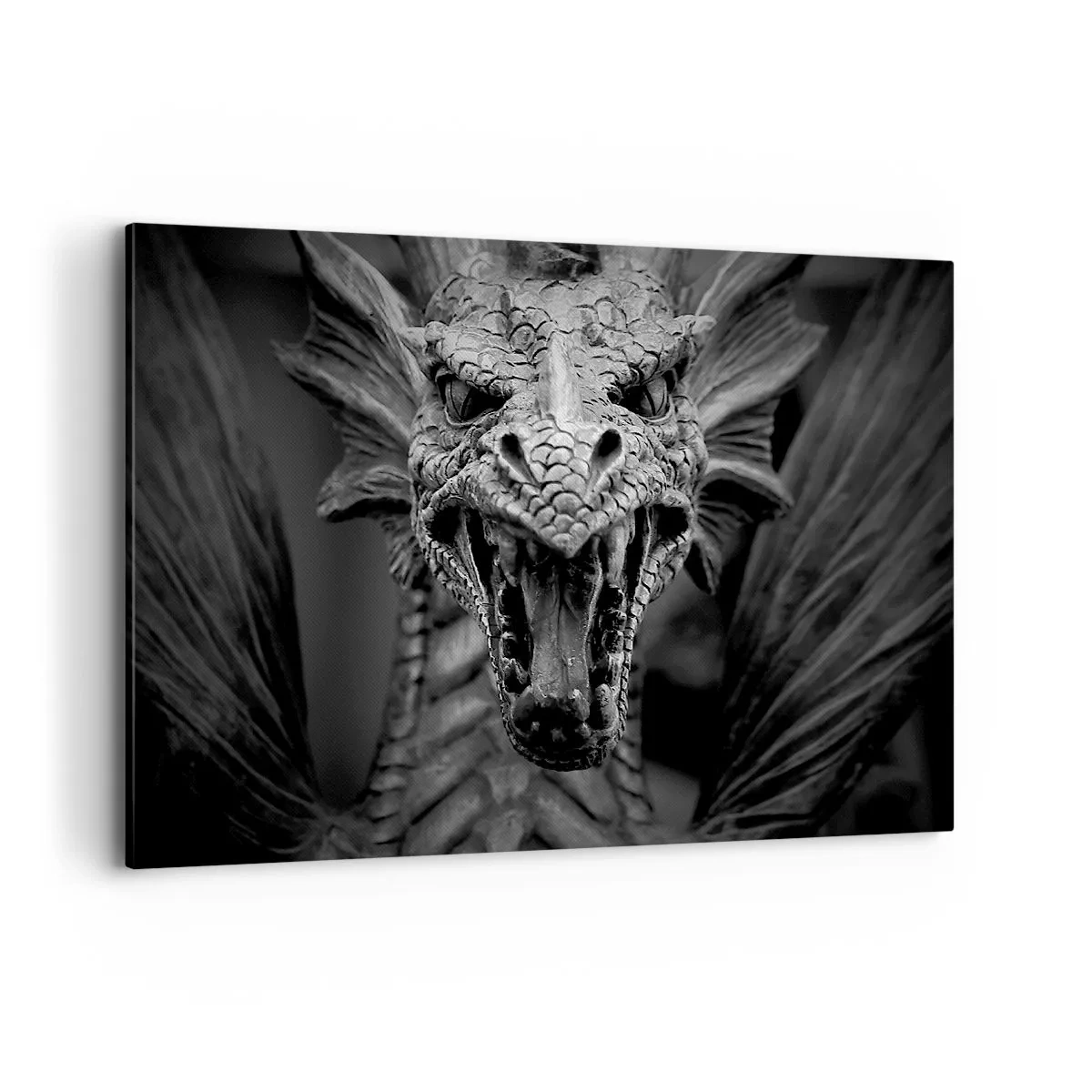 Impression sur toile - Image sur toile - Une tête de dragon menaçante en noir et blanc avec des détails expressifs. - 100x70cm - Un dragon imaginaire grisâtre - Décoration murale moderne pour le salon et la chambre ARTTOR