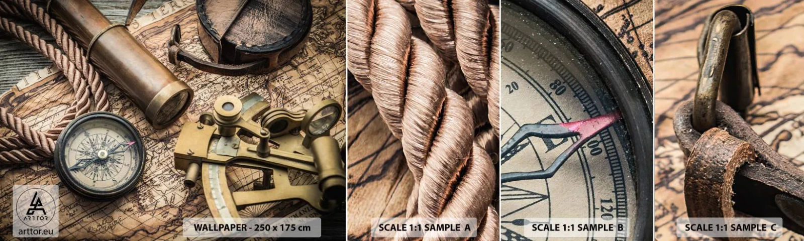 Échantillon De Papier Peint Standard Eco - Fixer un cap - Nautique, Carte du monde, Boussole - 100x30 cm