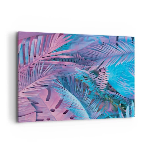 Impression sur toile - Image sur toile - Feuilles tropicales dans les tons de rose et de bleu - 100x70cm - Les tropiques en rose et bleu - Décoration murale moderne pour le salon et la chambre ARTTOR