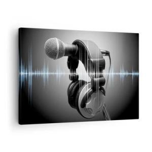 Impression sur toile - Image sur toile - Microphone et casque avec visualisation des ondes sonores en arrière-plan - 70x50cm - Vous pouvez encore entendre son chant - Décoration murale moderne pour le salon et la chambre ARTTOR