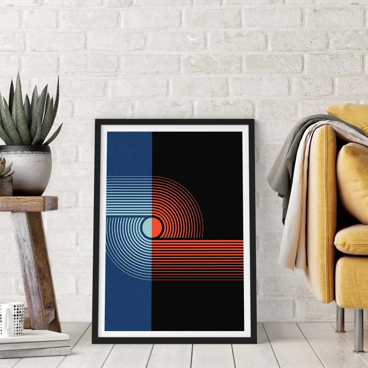 Affiche dans un cadre noir - Poster - Composition géométrique avec des lignes bleu marine et orange. - 50x70cm - Dans une étreinte géométrique - Décoration murale moderne pour le salon et la chambre ARTTOR