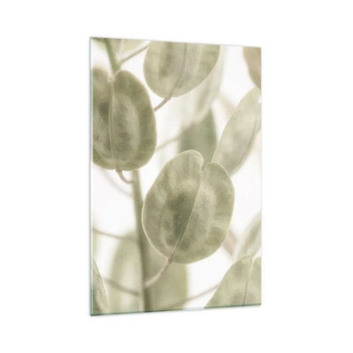 Impression sur verre - Image sur verre - Une peinture délicate de feuilles dans des tons pastel de vert sur un fond clair. - 80x120cm - Au commencement il y avait des feuilles... - Décoration murale moderne pour le salon et la chambre ARTTOR