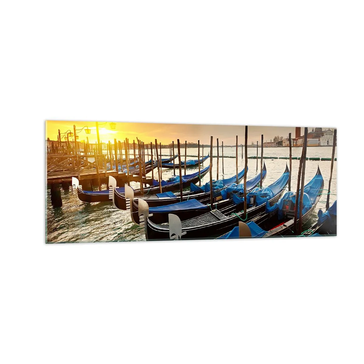 Impression sur verre - Image sur verre - Gondoles à Venise le matin à la lumière du soleil levant - 140x50cm - Avant que le vacarme n'arrive - Décoration murale moderne pour le salon et la chambre ARTTOR