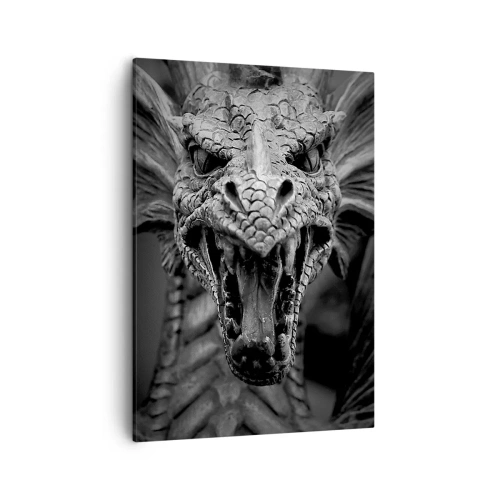 Impression sur toile - Image sur toile - Une tête de dragon menaçante en noir et blanc avec des détails expressifs. - 50x70cm - Un dragon imaginaire grisâtre - Décoration murale moderne pour le salon et la chambre ARTTOR