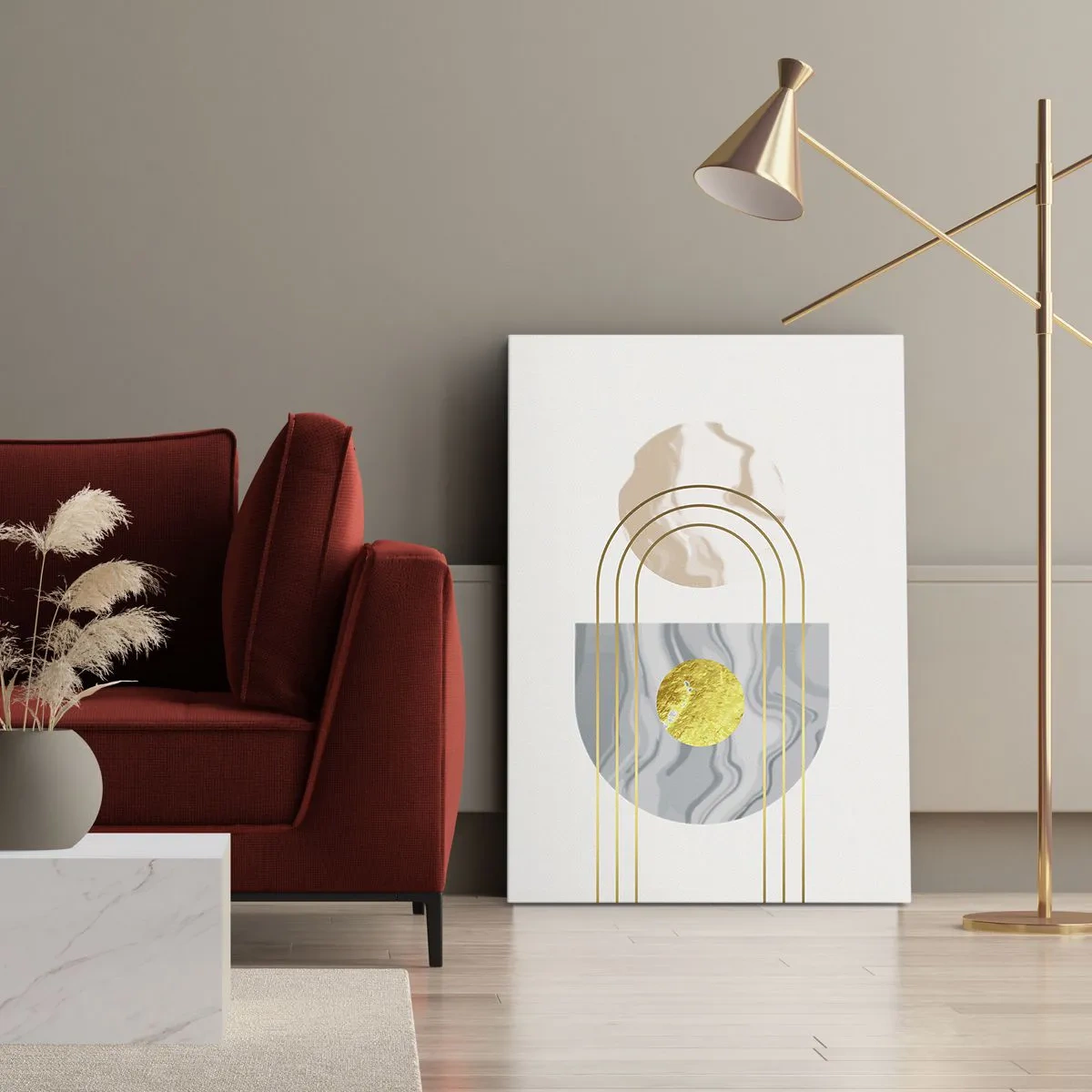 Impression sur toile - Image sur toile - Composition abstraite avec des cercles et des lignes dorées sur fond clair. - 80x120cm - Clareté et brillance - Décoration murale moderne pour le salon et la chambre ARTTOR