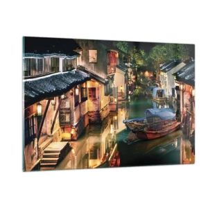 Impression sur verre - Image sur verre - Rue chinoise la nuit avec des bateaux et des lumières le long du canal - 120x80cm - Soirée dans une rue chinoise - Décoration murale moderne pour le salon et la chambre ARTTOR