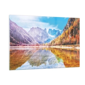 Impression sur verre - Image sur verre - Les montagnes d'automne se reflètent dans le lac, entourées d'arbres colorés - 120x80cm - C'est déjà le printemps à la montagne - Décoration murale moderne pour le salon et la chambre ARTTOR