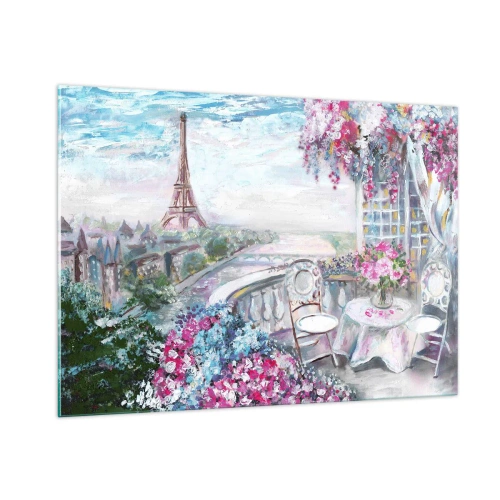 Impression sur verre - Image sur verre - Illustration d'une vue de la Tour Eiffel avec un balcon rempli de fleurs - 100x70cm - C'est le plus beau ici en mai - Décoration murale moderne pour le salon et la chambre ARTTOR