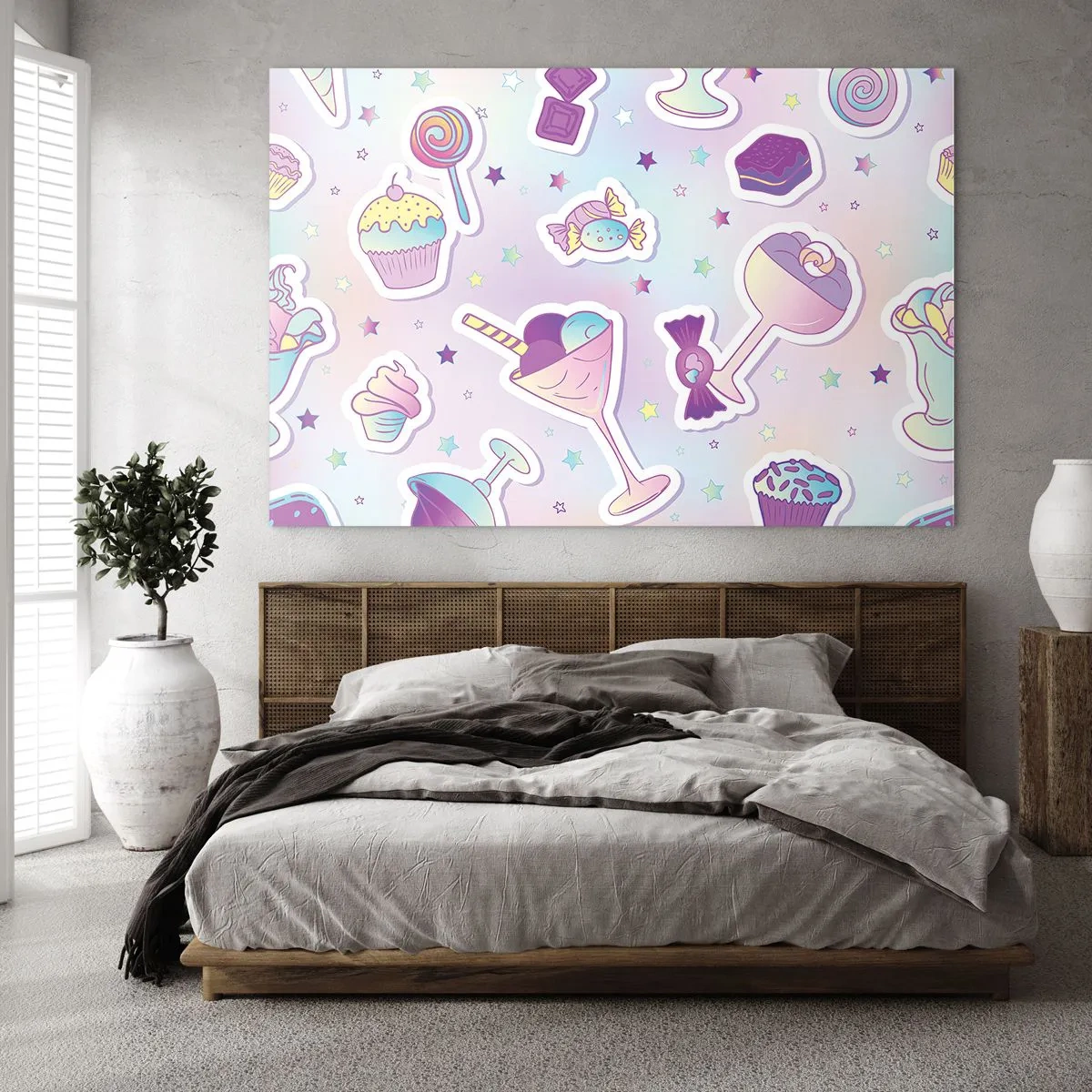 Impression sur verre - Image sur verre - Motif de bonbons colorés sur fond pastel - 100x70cm - Pour que tous les jours soit un anniversaire  - Décoration murale moderne pour le salon et la chambre ARTTOR
