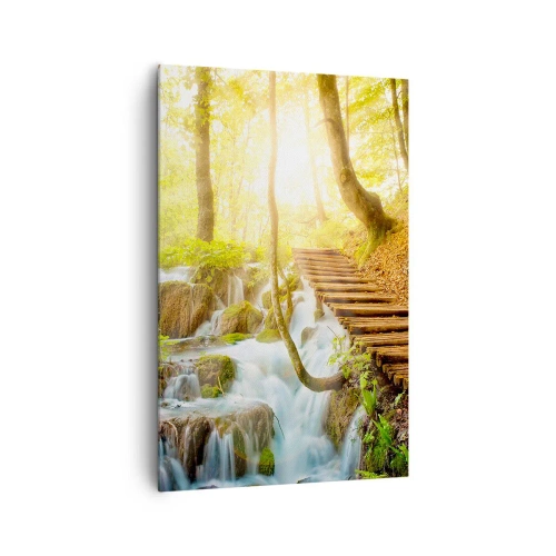 Impression sur toile - Image sur toile - Chemin forestier avec escaliers en bois près de la cascade - 80x120cm - Une fraîcheur tant désirée - Décoration murale moderne pour le salon et la chambre ARTTOR