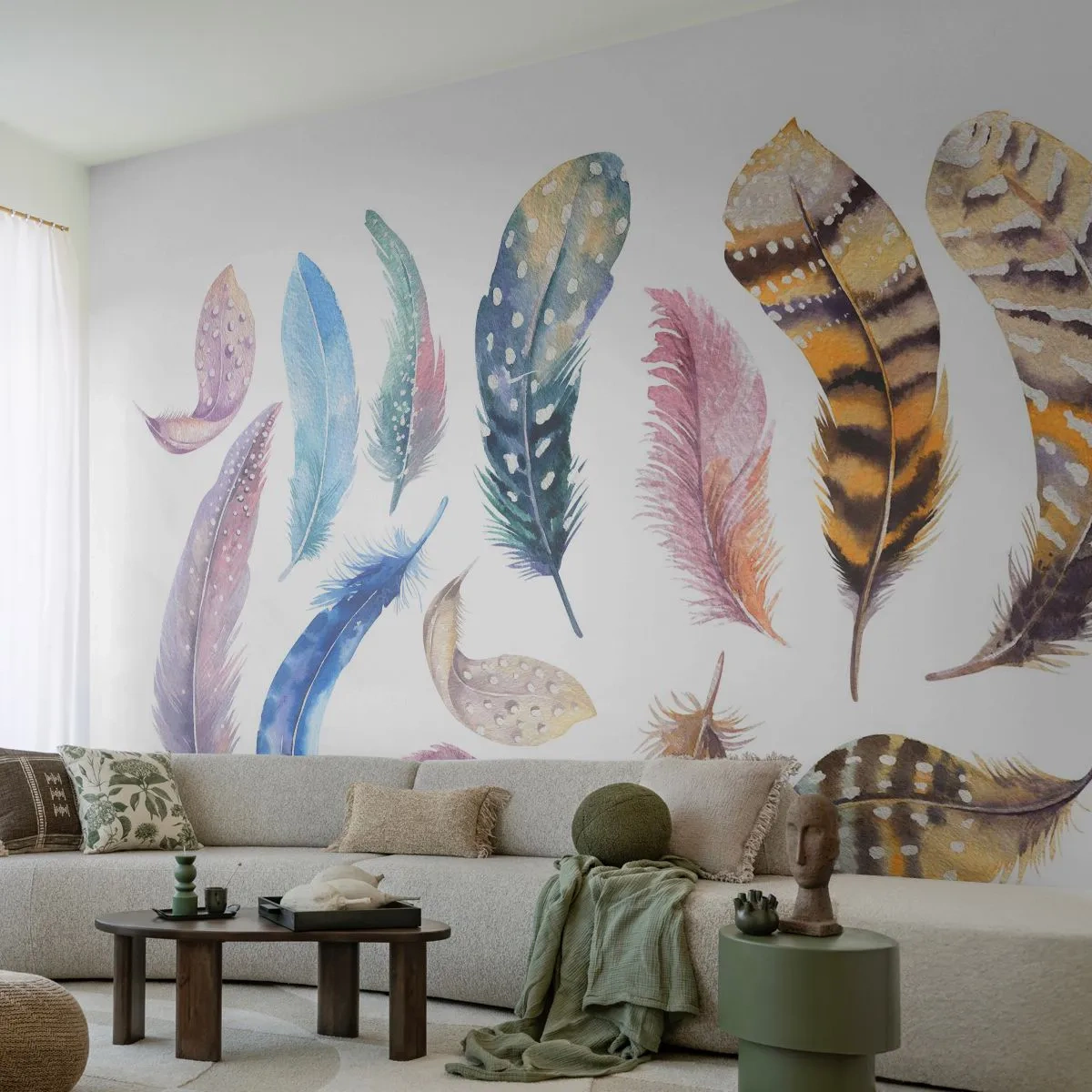 Papier Peint Autocollant Deluxe Sticker - Léger, bariolé et multicolore - Plumes d'oiseaux, Des oiseaux, Graphique - 250x175 cm