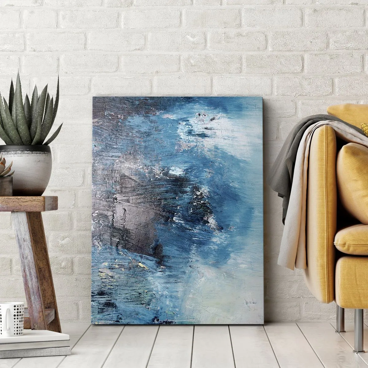 Impression sur toile - Image sur toile - Coups de pinceau abstraits dans des tons de bleu - 50x70cm - Rhapsodie en bleu - Décoration murale moderne pour le salon et la chambre ARTTOR