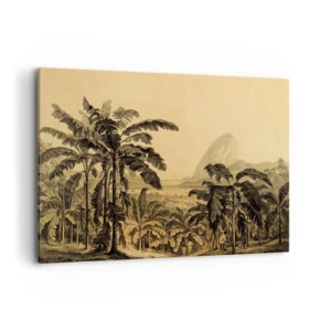 Impression sur toile - Image sur toile - Dessin de bananiers sur fond de paysage tropical - 120x80cm - Dans un climat colonial - Décoration murale moderne pour le salon et la chambre ARTTOR
