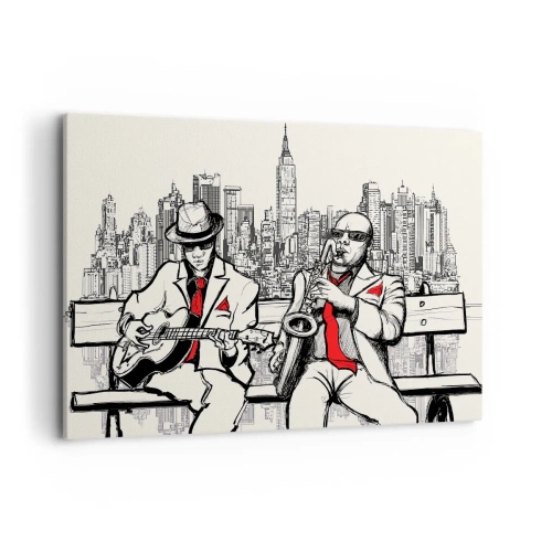 Impression sur toile - Image sur toile - Un duo de jazz avec saxophone et guitare sur fond de ville - 120x80cm - improvisation new-yorkaise - Décoration murale moderne pour le salon et la chambre ARTTOR