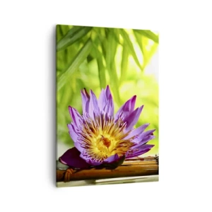 Impression sur toile - Image sur toile - Fleur de lotus violette sur fond de feuilles de bambou vertes - 50x70cm - Sous le soleil asiatique - Décoration murale moderne pour le salon et la chambre ARTTOR