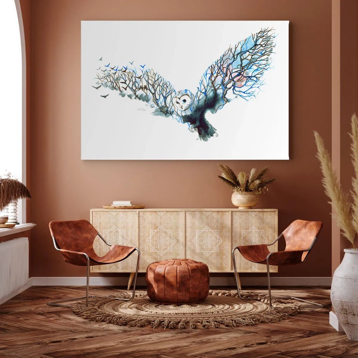 Impression sur toile - Image sur toile - Graphique artistique d'un hibou aux ailes déployées - 100x70cm - Sur les ailes de la forêt - Décoration murale moderne pour le salon et la chambre ARTTOR