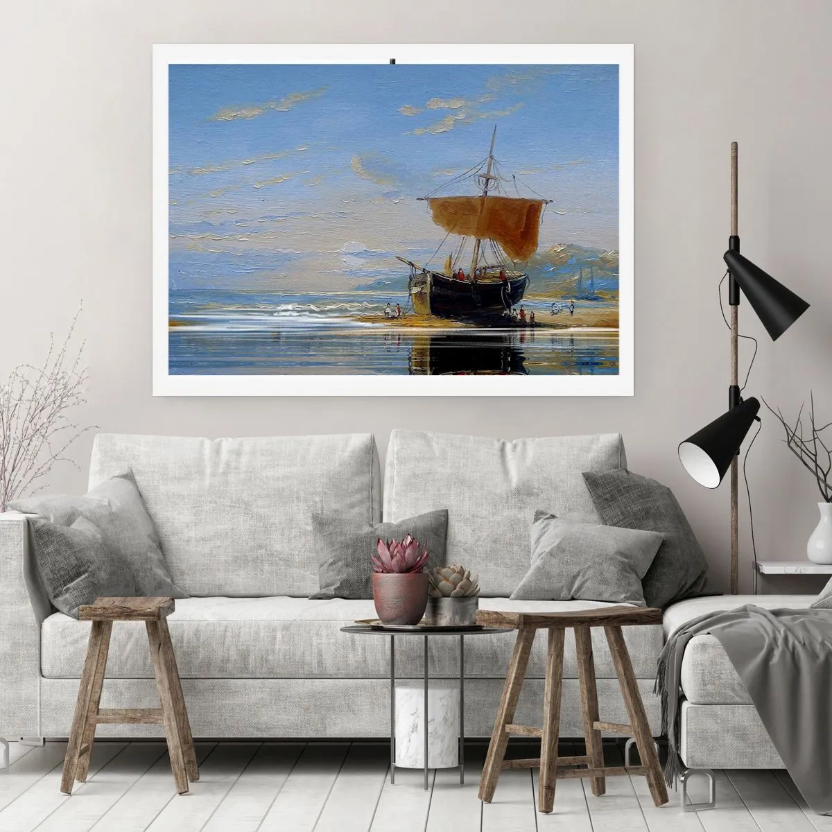 Affiche - Poster - Un bateau au bord de la mer par une journée ensoleillée - 100x70cm - Eau, terre, air - Décoration murale moderne pour le salon et la chambre ARTTOR