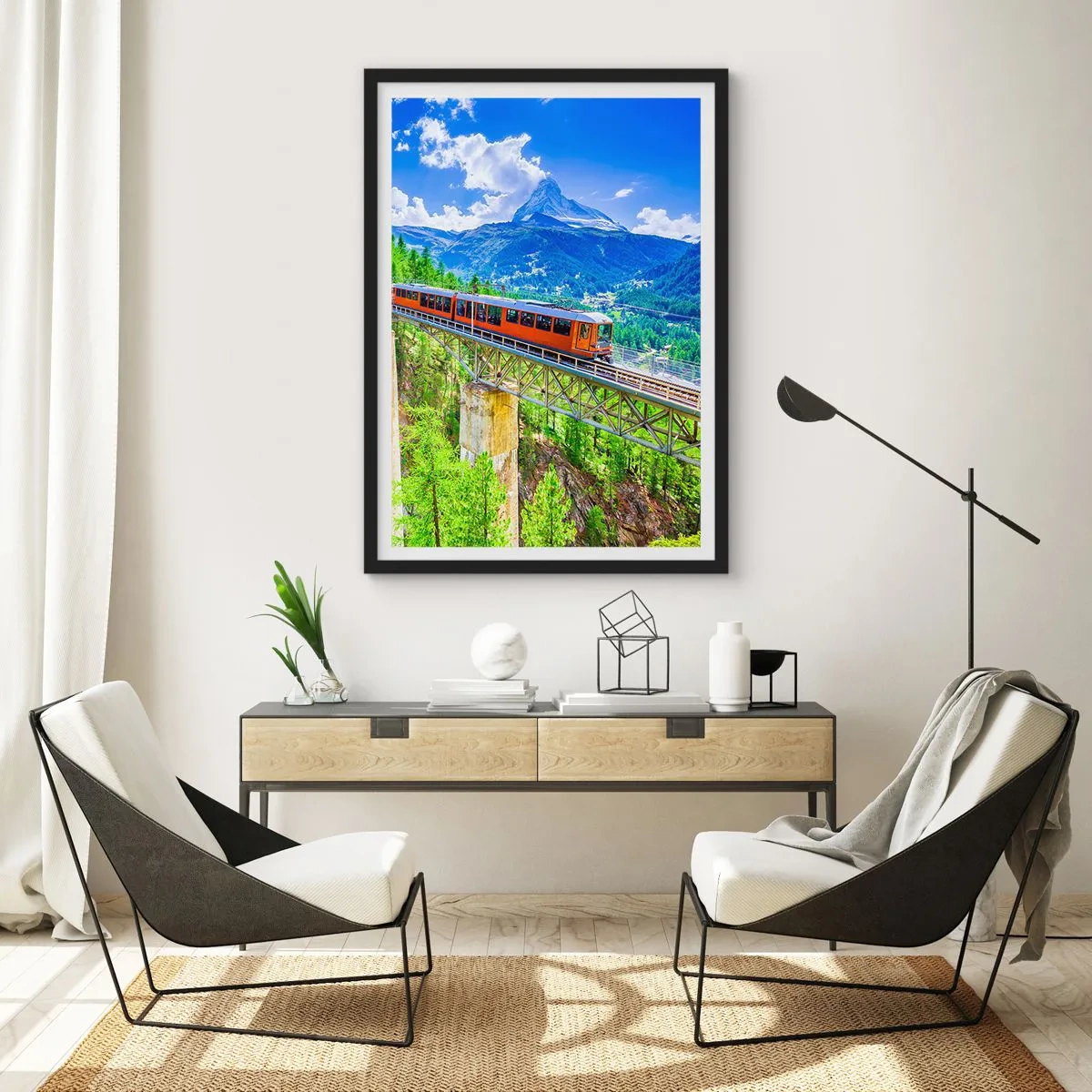 Affiche dans un cadre noir - Poster - Un train sur un pont dans les Alpes avec vue sur le Cervin - 50x70cm - Train dans les Alpes - Décoration murale moderne pour le salon et la chambre ARTTOR