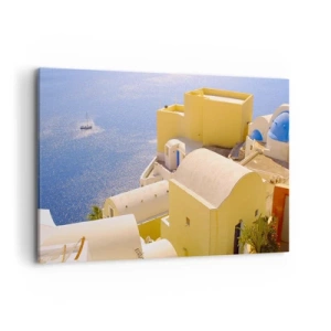Impression sur toile - Image sur toile - Architecture grecque avec vue sur la mer et un bateau en arrière-plan - 120x80cm - Paysage grec en blanc et bleu ciel - Décoration murale moderne pour le salon et la chambre ARTTOR