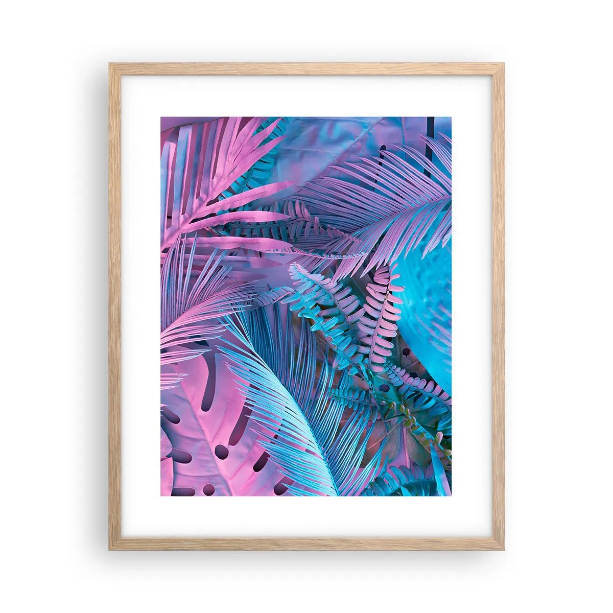 Affiche dans un chêne clair - Poster - Les tropiques en rose et bleu - 40x50 cm