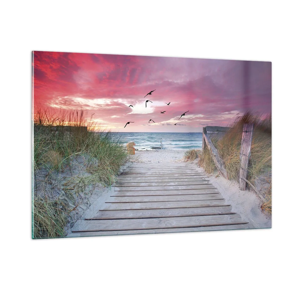 Impression sur verre - Image sur verre - Chemin vers la plage au coucher du soleil avec des oiseaux qui volent - 120x80cm - Impression de la Baltique - Décoration murale moderne pour le salon et la chambre ARTTOR