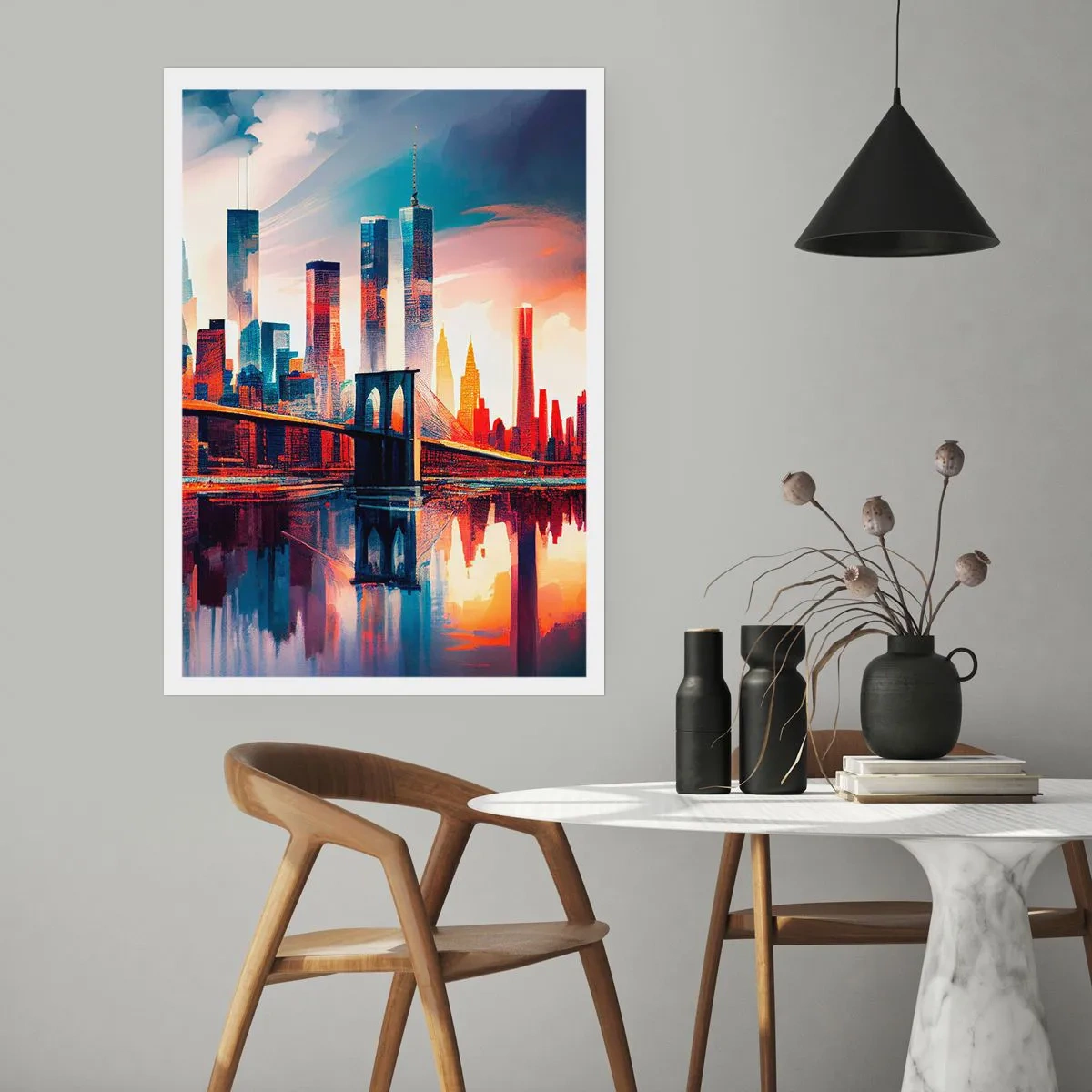 Affiche - Poster - Panorama de la ville avec un pont et un reflet dans l'eau - 50x70cm - New York onirique - Décoration murale moderne pour le salon et la chambre ARTTOR