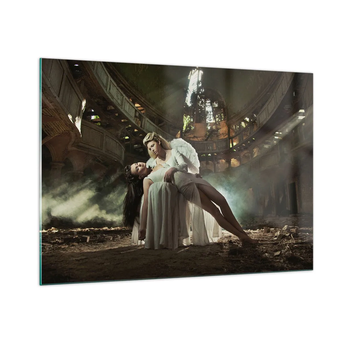Impression sur verre - Image sur verre - Une figure d'ange tenant une femme dans les ruines d'un bâtiment - 100x70cm - L'esprit du théâtre ancien - Décoration murale moderne pour le salon et la chambre ARTTOR