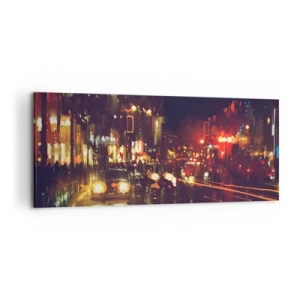 Impression sur toile - Image sur toile - Scène de ville nocturne avec des lumières colorées et des reflets dans la rue - 120x50cm - Immergé dans les lumières de la nuit - Décoration murale moderne pour le salon et la chambre ARTTOR