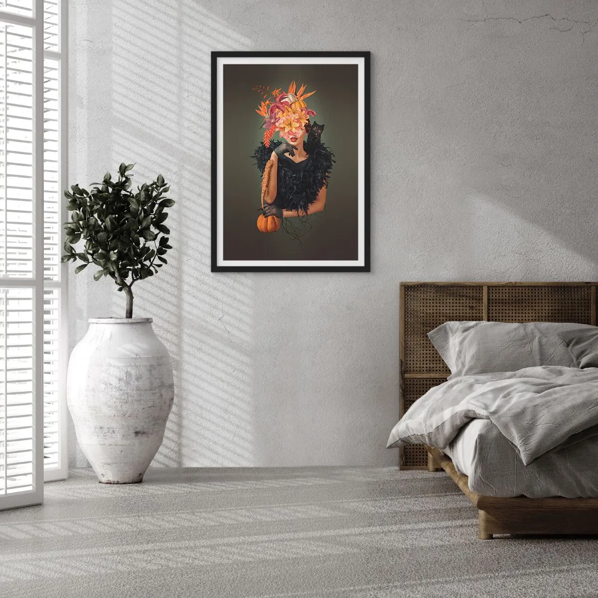 Affiche dans un cadre noir - Poster - Portrait artistique d'une femme avec des fleurs, une citrouille et un chat noir. - 50x70cm - Sort de sorcière - Décoration murale moderne pour le salon et la chambre ARTTOR