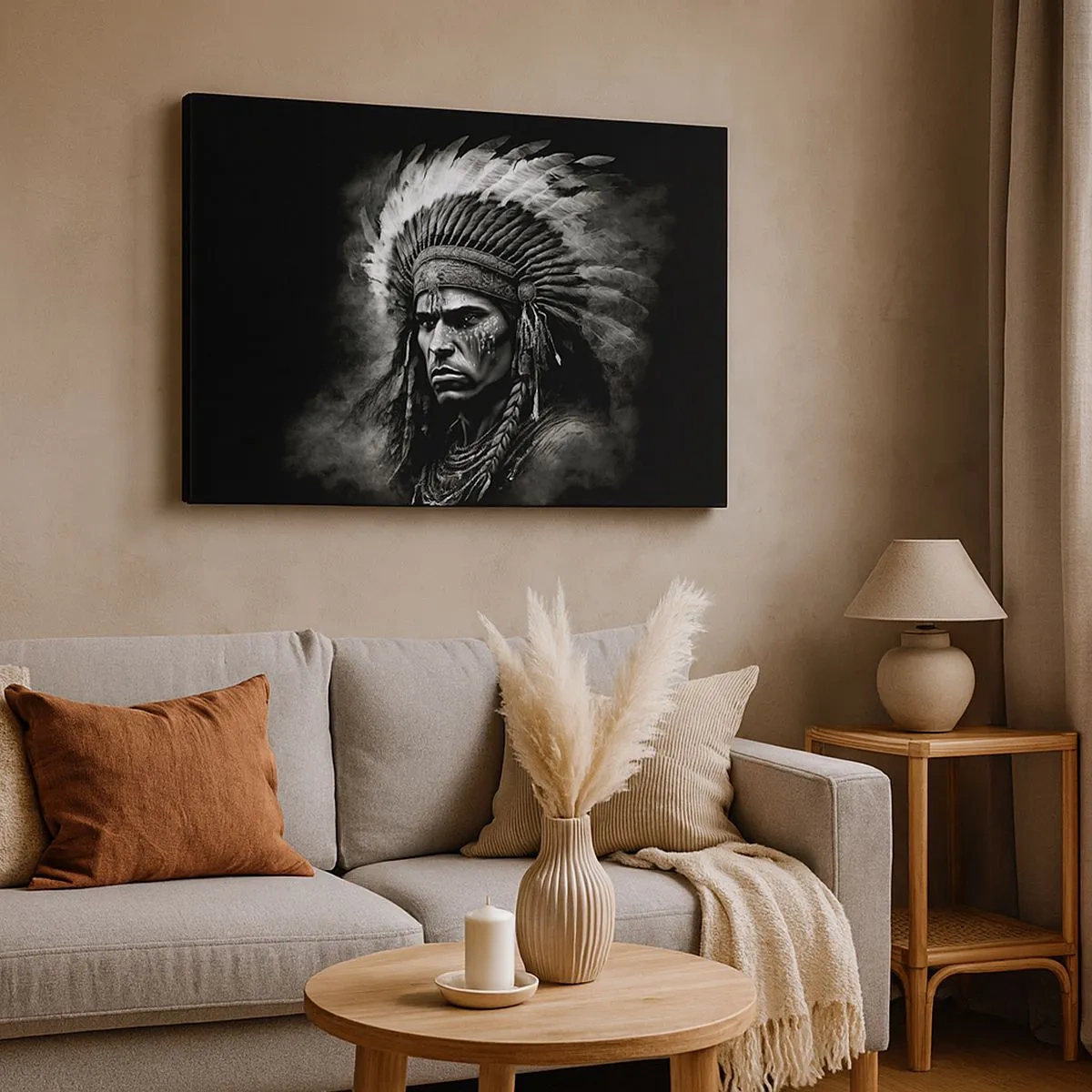 Impression sur toile - Image sur toile - Portrait d'un chef portant une coiffe à plumes sur fond noir - 70x50cm - Un leader et un guerrier - Décoration murale moderne pour le salon et la chambre ARTTOR
