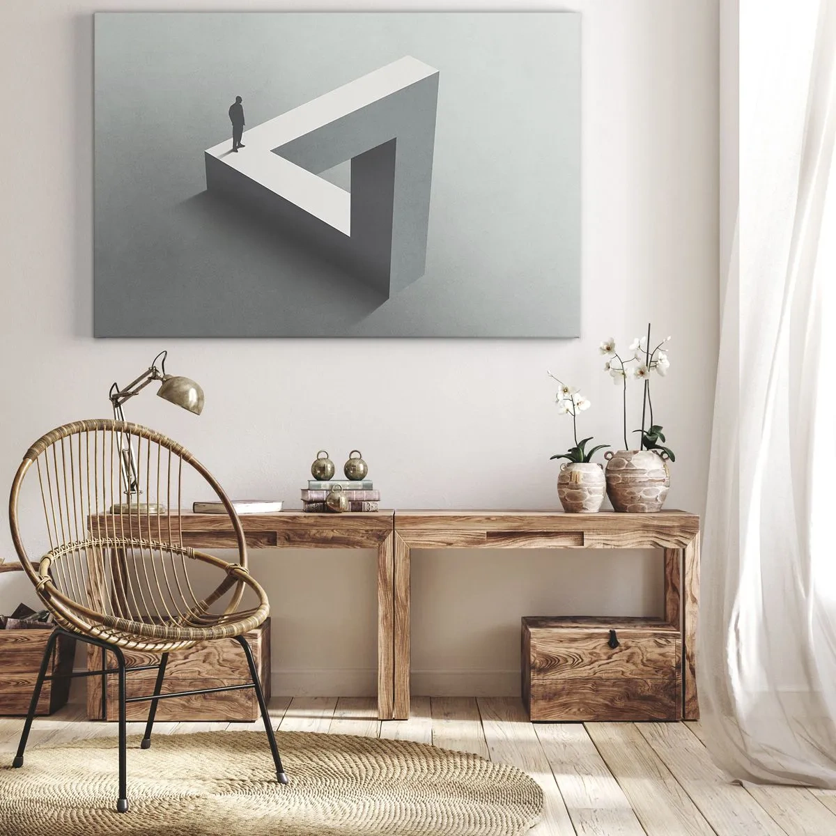 Impression sur toile - Image sur toile - Une figure debout sur un triangle de Penrose dans des tons de gris. - 70x50cm - Mais c'est possible - Décoration murale moderne pour le salon et la chambre ARTTOR