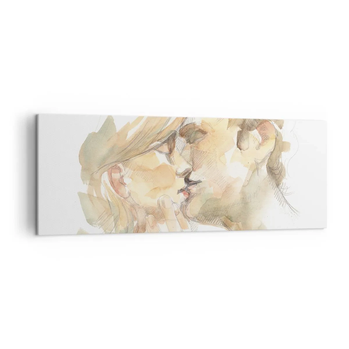 Impression sur toile - Image sur toile - Portrait romantique à l'aquarelle d'un couple s'embrassant - 140x50cm - A moitié trouvé ? - Décoration murale moderne pour le salon et la chambre ARTTOR