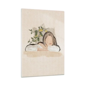 Impression sur verre - Image sur verre - Une femme appuyée sur une table parmi les branches d'un citronnier, le visage sans traits. - 50x70cm - La beauté du sud - Décoration murale moderne pour le salon et la chambre ARTTOR