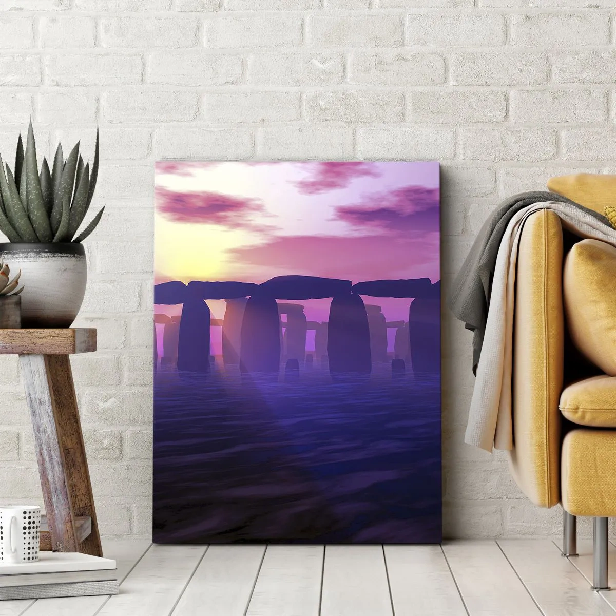 Impression sur toile - Image sur toile - Cercle de pierres au coucher du soleil avec un ciel violet - 50x70cm - Mystère à l'aube dans le brouillard - Décoration murale moderne pour le salon et la chambre ARTTOR