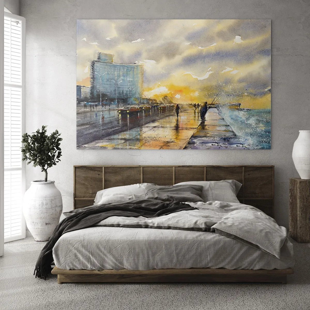Impression sur verre - Image sur verre - Aquarelle d'une ville balnéaire avec coucher de soleil - 100x70cm - La vie sur le rivage - Décoration murale moderne pour le salon et la chambre ARTTOR