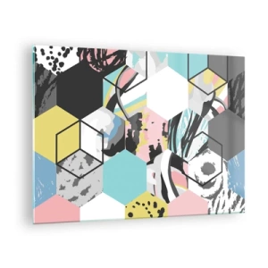 Impression sur verre - Image sur verre - Cubes et hexagones colorés dans une composition moderne - 70x50cm - Hexagones et cubes en six couleurs - Décoration murale moderne pour le salon et la chambre ARTTOR