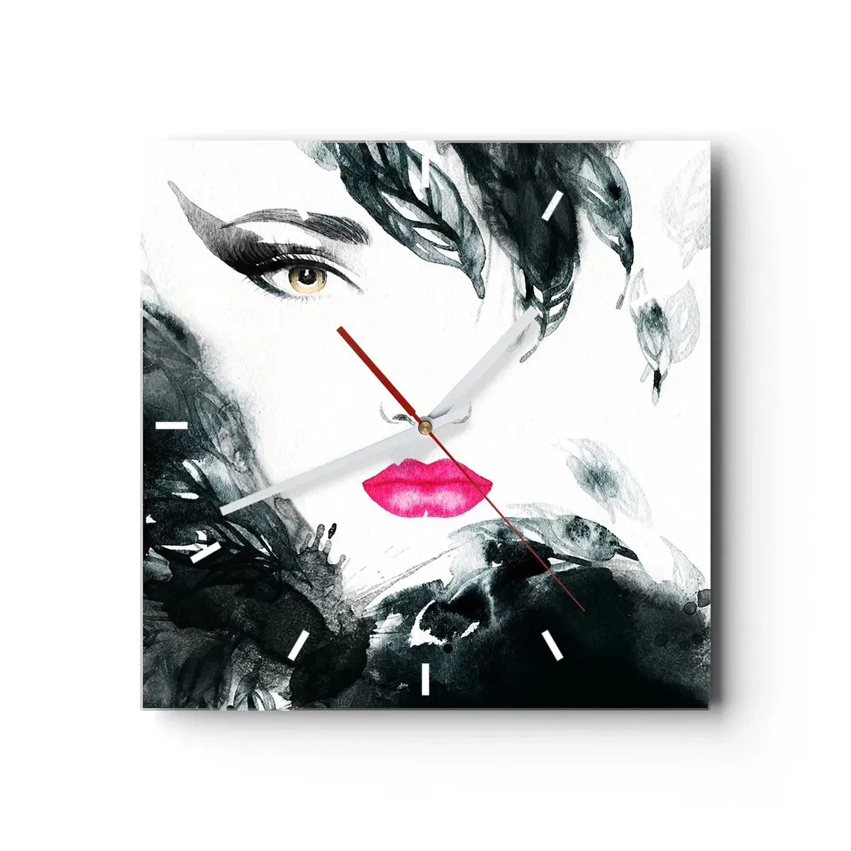 Horloge murale - Pendule murale - Portrait artistique d'une femme aux lèvres intensément roses - 30x30cm - Attention! Femme fatale - Décoration murale moderne pour le salon et la chambre ARTTOR