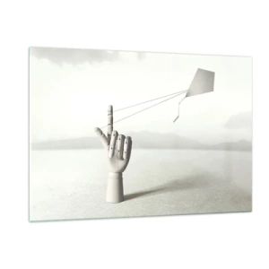 Impression sur verre - Image sur verre - Une main en bois tenant un cerf-volant flottant sur son doigt - 120x80cm - Épreuve de force - Décoration murale moderne pour le salon et la chambre ARTTOR