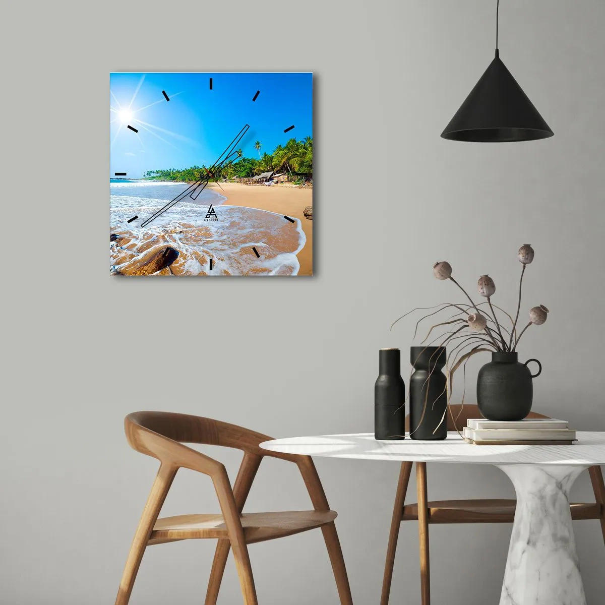 Horloge murale - Pendule murale - Plage tropicale avec palmiers et ciel bleu - 30x30cm - Un endroit exotique pour vous - Décoration murale moderne pour le salon et la chambre ARTTOR