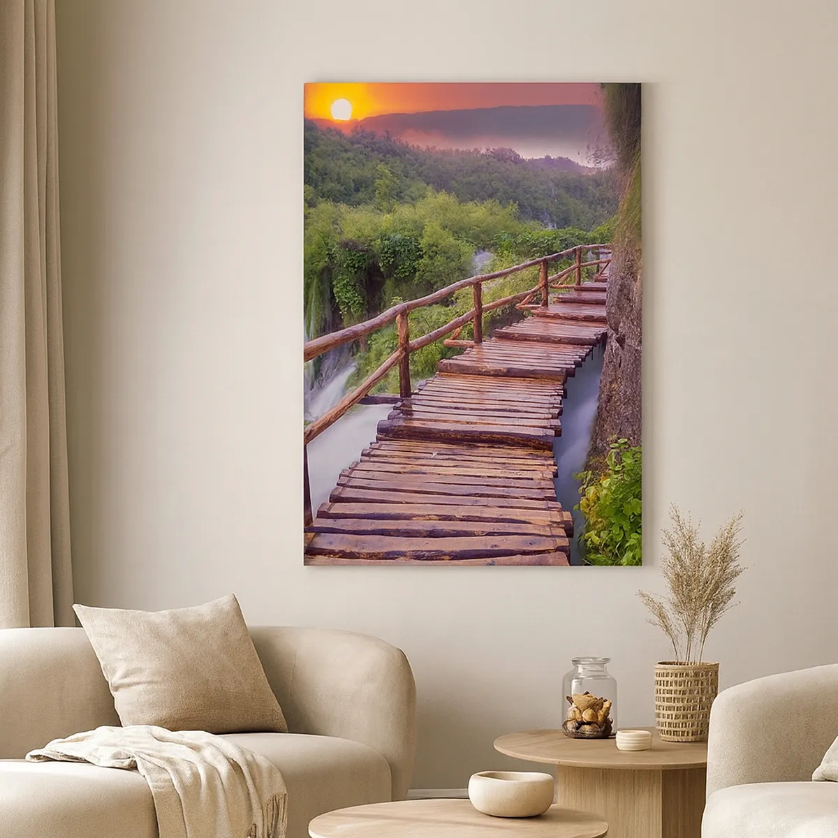 Impression sur toile - Image sur toile - Un pont surplombant les cascades au coucher du soleil - 50x70cm - La beauté au-delà de la croyance - Décoration murale moderne pour le salon et la chambre ARTTOR