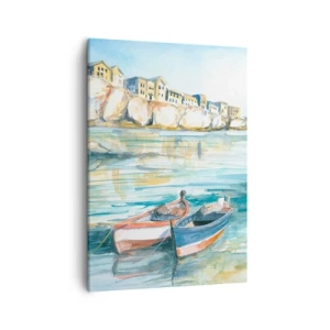 Impression sur toile - Image sur toile - Un paysage balnéaire pittoresque avec des bateaux sur l'eau - 50x70cm - Paysage dans l'azur - Décoration murale moderne pour le salon et la chambre ARTTOR