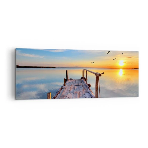 Impression sur toile - Image sur toile - Jetée en bois au coucher du soleil sur un lac calme - 140x50cm - Marcher droit vers le soleil - Décoration murale moderne pour le salon et la chambre ARTTOR