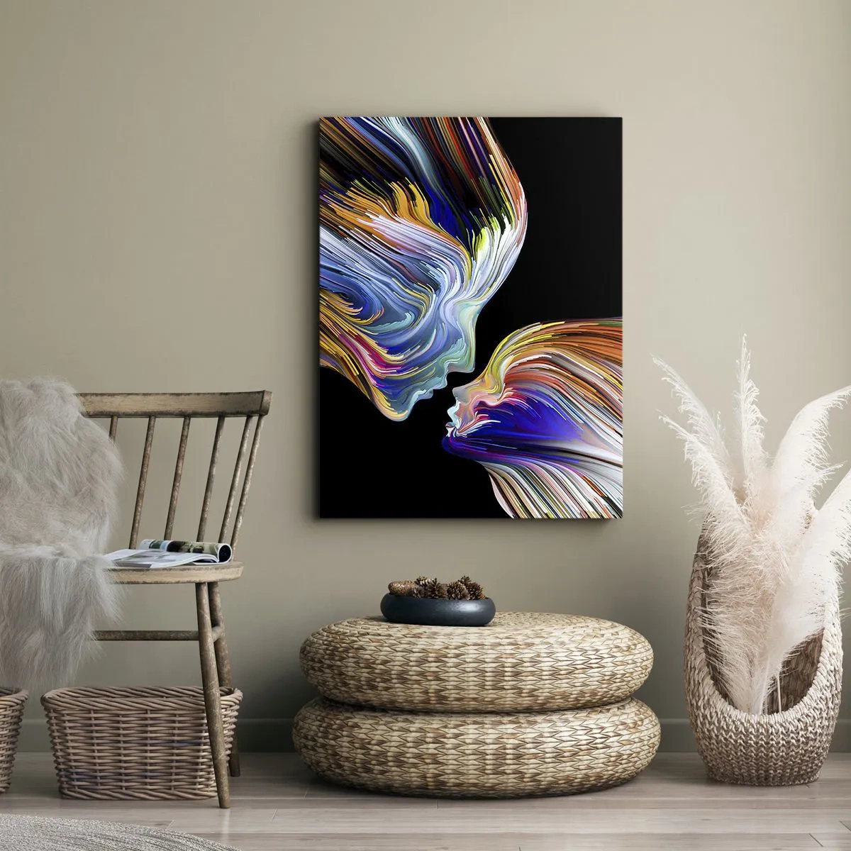 Impression sur toile - Image sur toile - Silhouettes colorées de visages dans des flux dynamiques sur fond noir - 70x100cm - Une fusion d'énergie et de lumière - Décoration murale moderne pour le salon et la chambre ARTTOR