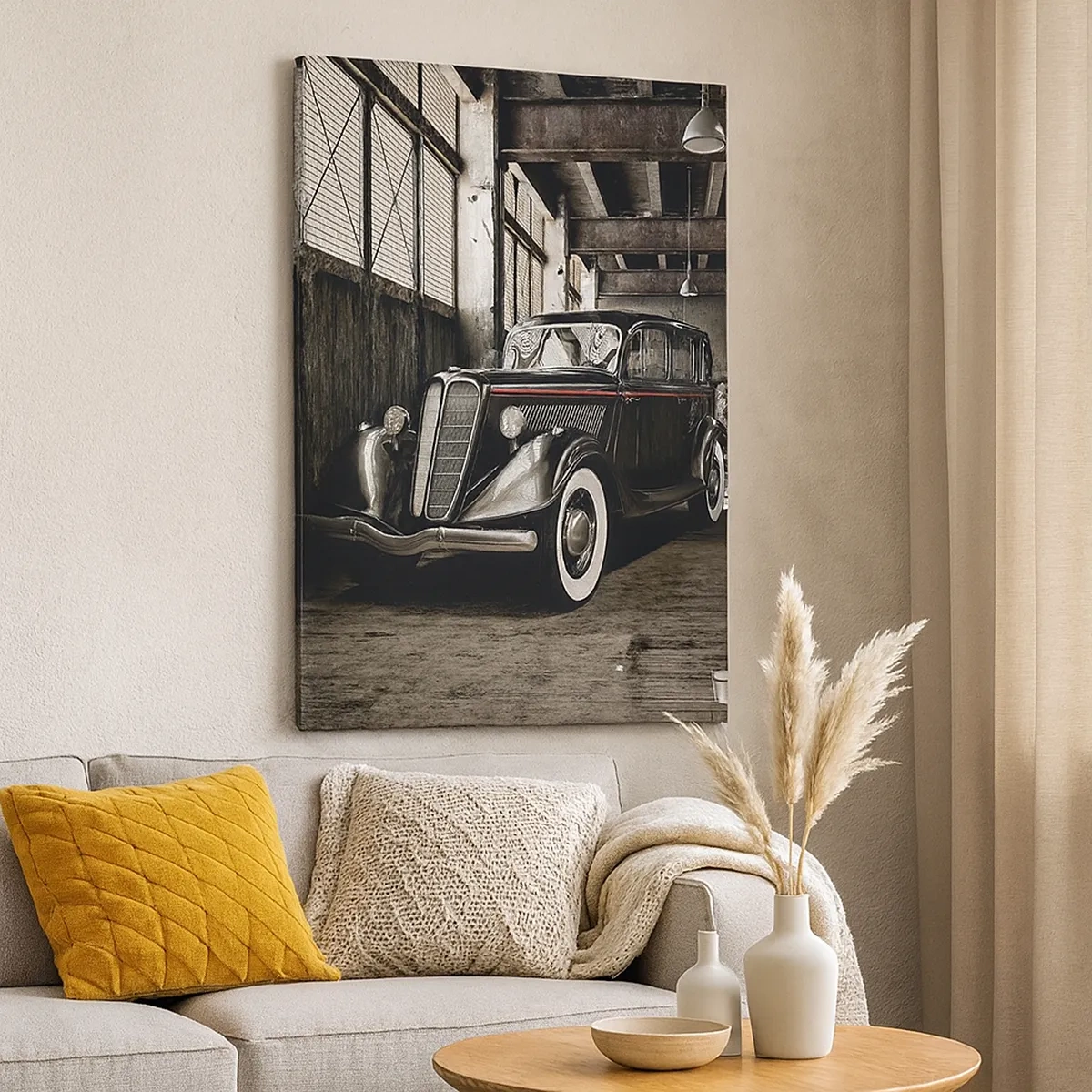 Impression sur toile - Image sur toile - Voiture rétro élégante dans un entrepôt brut - 50x70cm - L'élégance éternelle des années 30 - Décoration murale moderne pour le salon et la chambre ARTTOR