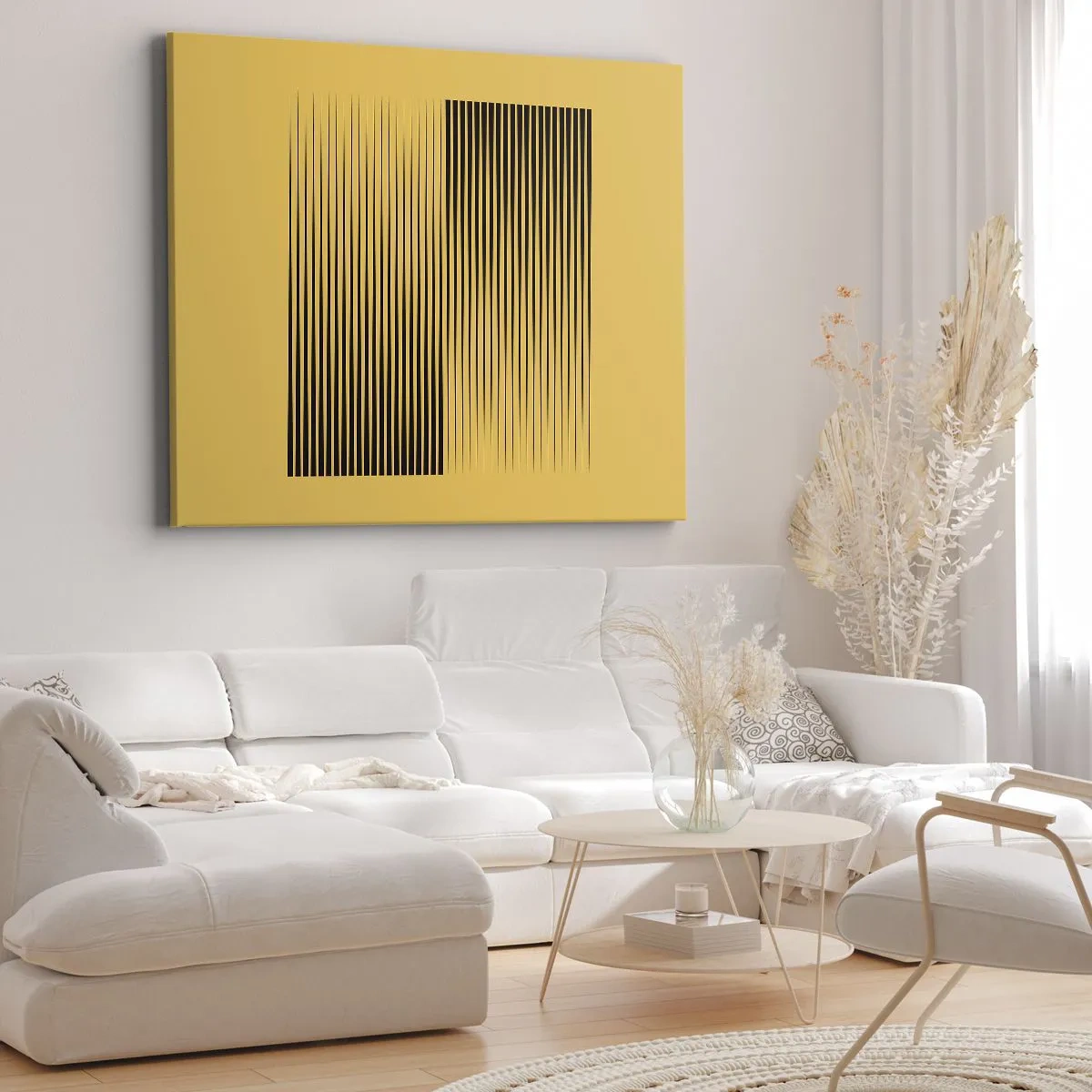 Impression sur toile - Image sur toile - Lignes noires verticales sur fond jaune - 70x50cm - Cadre opposé - Décoration murale moderne pour le salon et la chambre ARTTOR