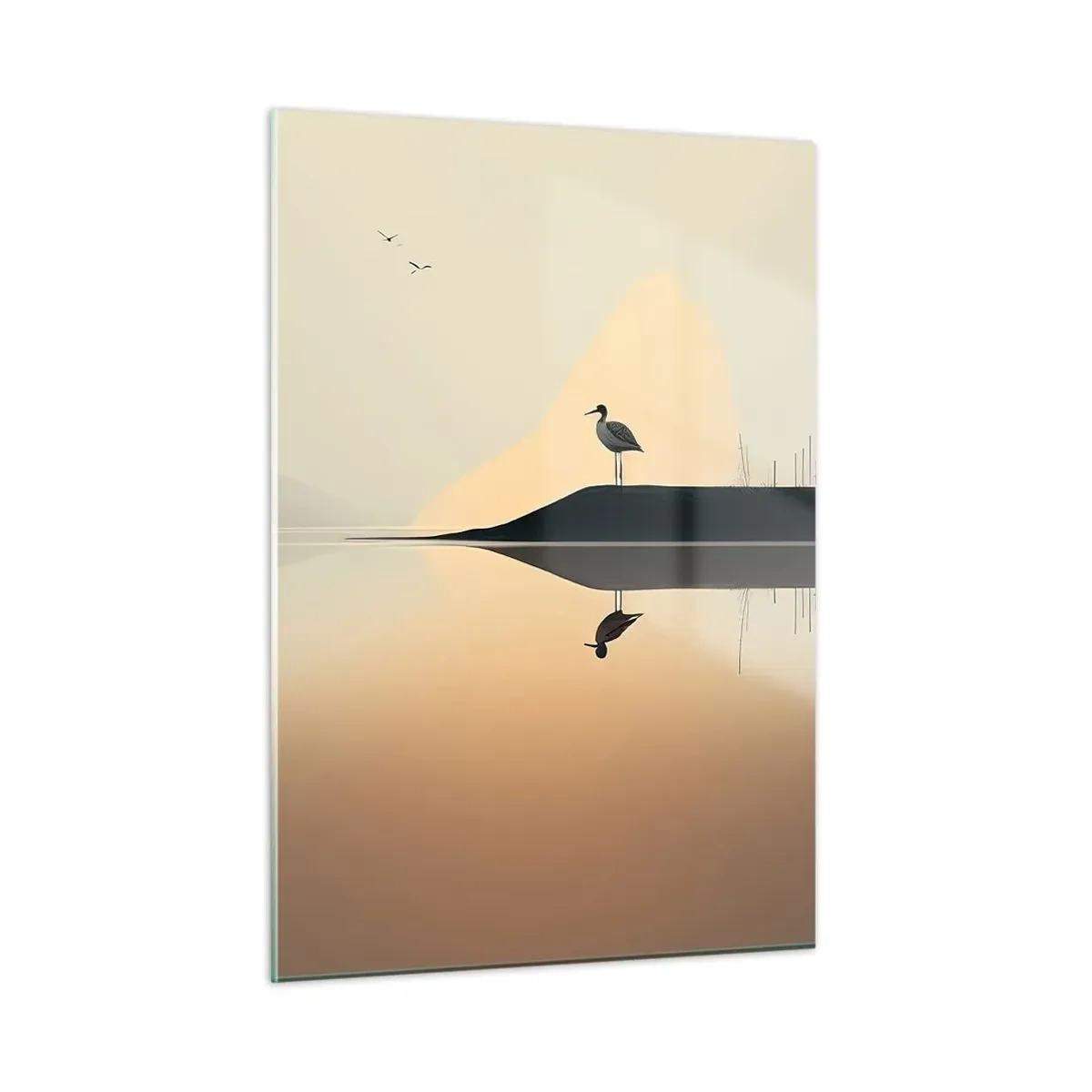 Impression sur verre - Image sur verre - Un héron debout sur une île dans les eaux calmes d'un lac - 50x70cm - Le seigneur du lac - Décoration murale moderne pour le salon et la chambre ARTTOR