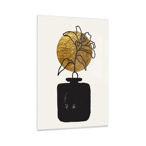 Impression sur verre - Image sur verre - Un dessin d'une fleur dans un vase sur un fond de cercle doré - 80x120cm - La beauté vaut son pesant d'or - Décoration murale moderne pour le salon et la chambre ARTTOR