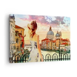 Impression sur toile - Image sur toile - Une femme admirant le paysage pittoresque au bord du canal - 70x50cm - Pour une aventure c'est uniquement dans ... - Décoration murale moderne pour le salon et la chambre ARTTOR