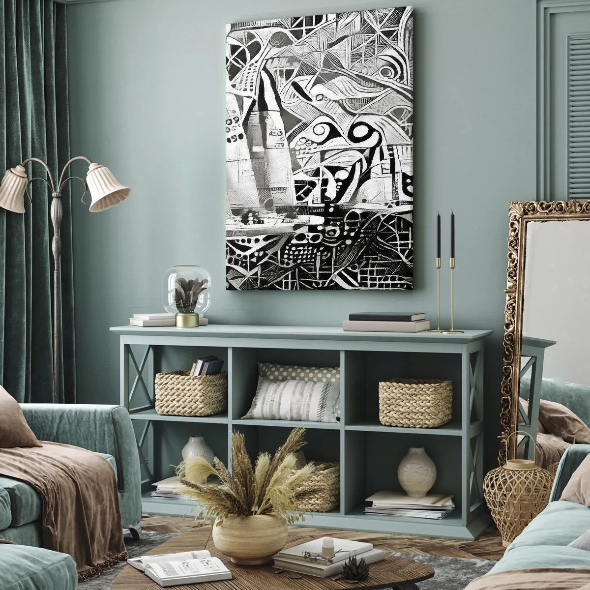 Impression sur toile - Image sur toile - Voiliers abstraits dans une composition monochrome - 50x70cm - Entre les vagues - Décoration murale moderne pour le salon et la chambre ARTTOR